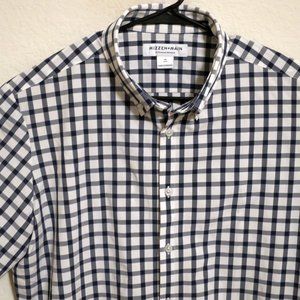 Mizzen Main Shirt Mens XL Short Sleeve Button Trim Fit Navy Blue White Gingham